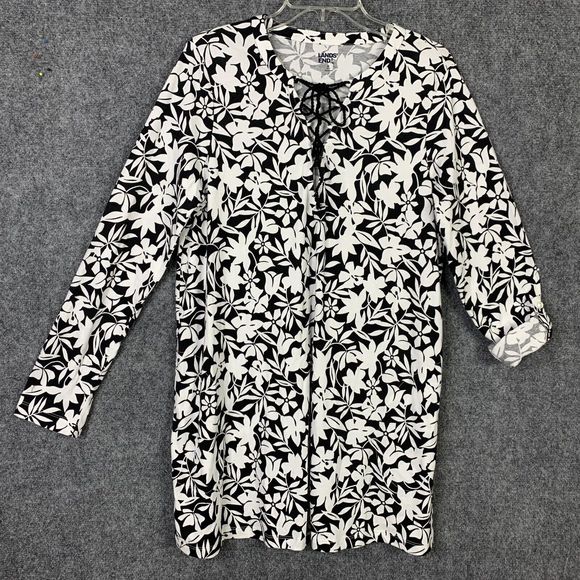 Lands End Shift Knit Dress Women M Lace Up Neckline Floral Knee Length Pockets - Picture 1 of 11